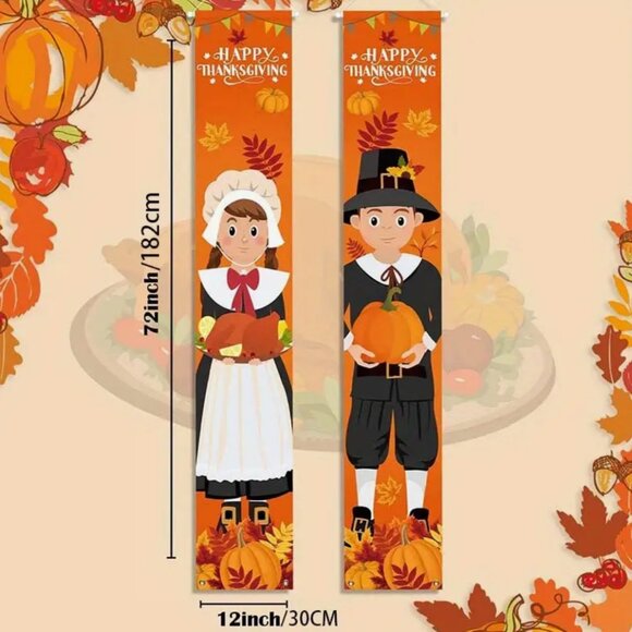 1Pair Thanksgiving Pilgrim Boy And Girl Front Porch Door Sign - Picture 2 of 3